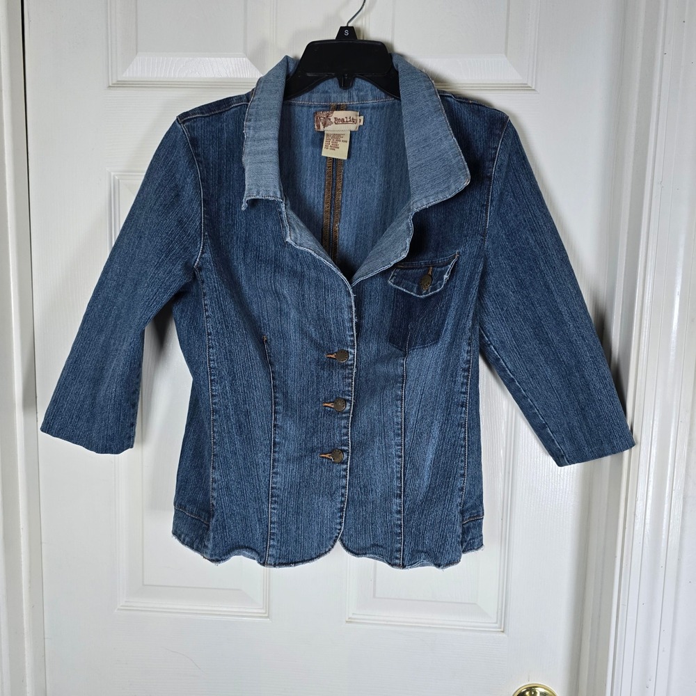 Reality Women's Denim Jacket Cropped 3/4 Sleeve‎ Button Front Casual Blue